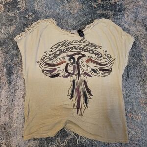 Harley-Davidson Cream Short Sleeve Tee with Fringe and Graphic
